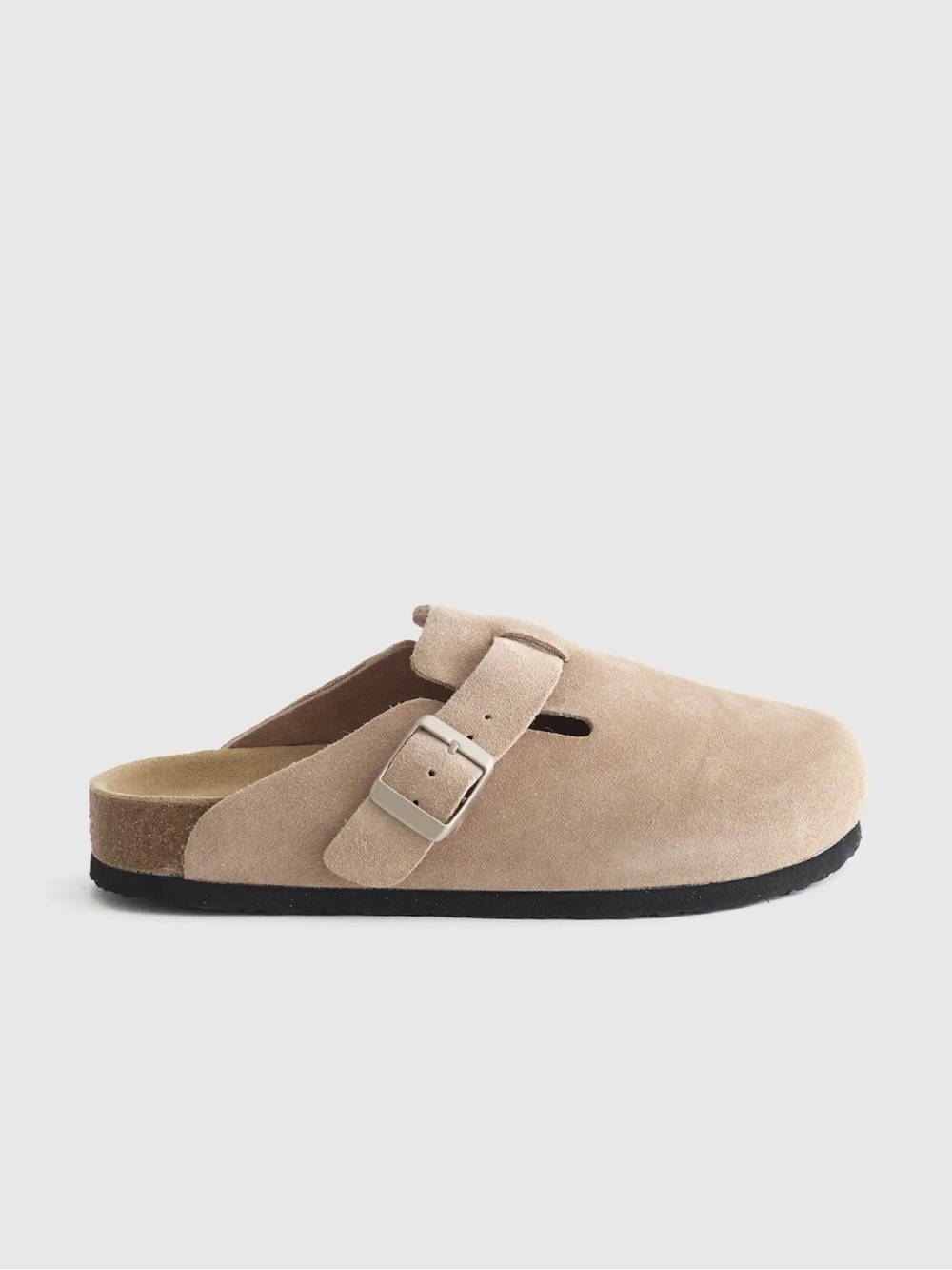 Quince Water Repellent Beige Suede Buckle Clog Mule Dune